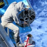 A piston corer is readied for lowering to the bottom of the central Pacific Ocean